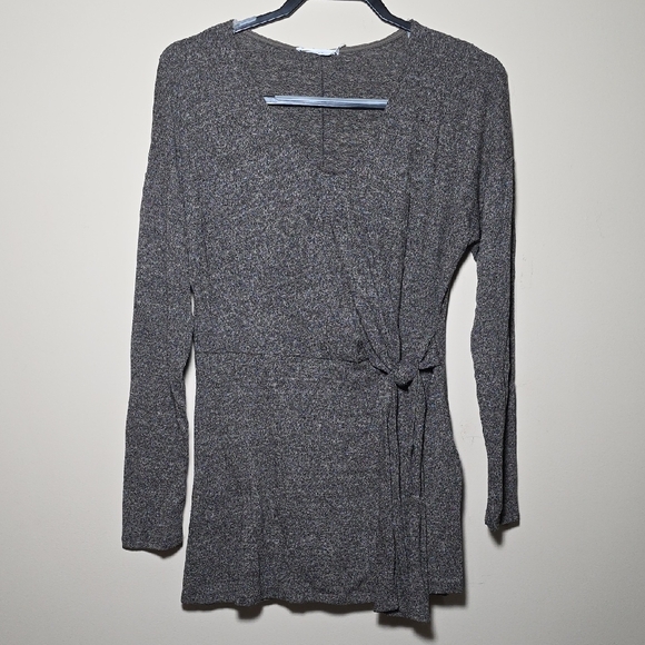 Lush Dresses & Skirts - Lush Heathered Taupe Knit Wrap Dress Long Sleeve Tie Waist Mini
